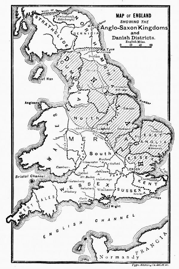 A black-and-white map of England with the Anglo-Saxon kingdoms named and the Danish-settled districts hatched.