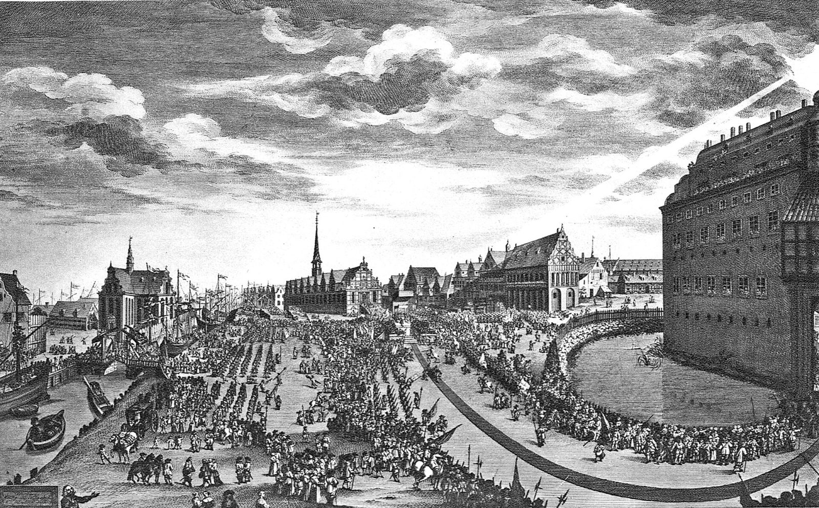 An engraving of a great crowd and ranks of soldiers in a square before Copenhagen Castle, a stand for the royal family at the centre.