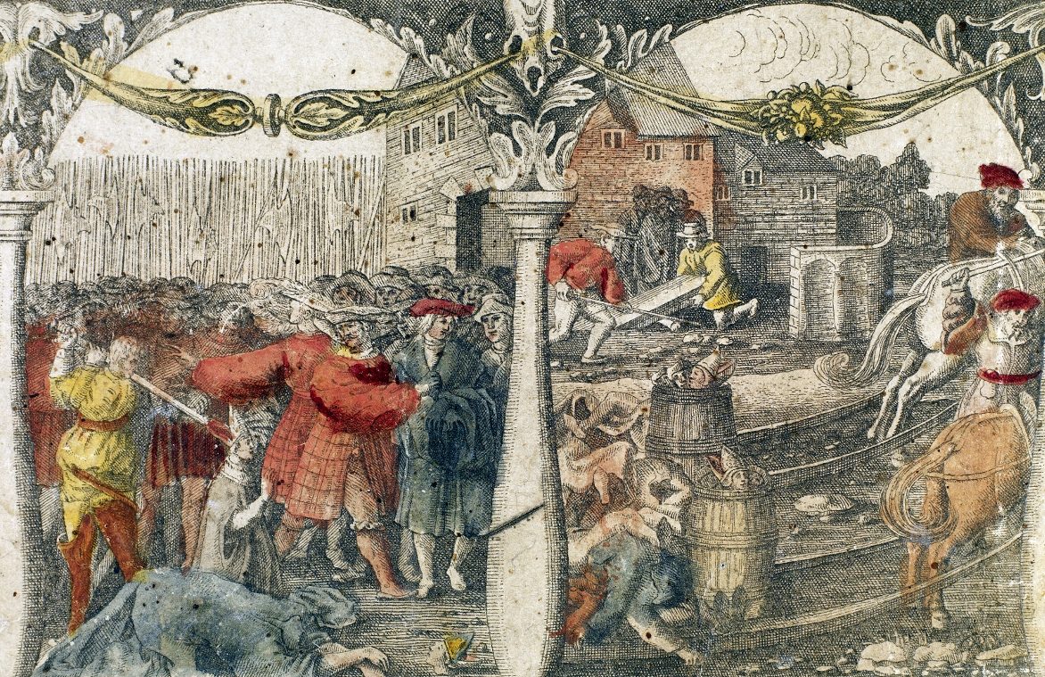 A coloured engraving of an execution in a crowded square, an executioner raising his axe over a kneeling man, bodies on the ground.