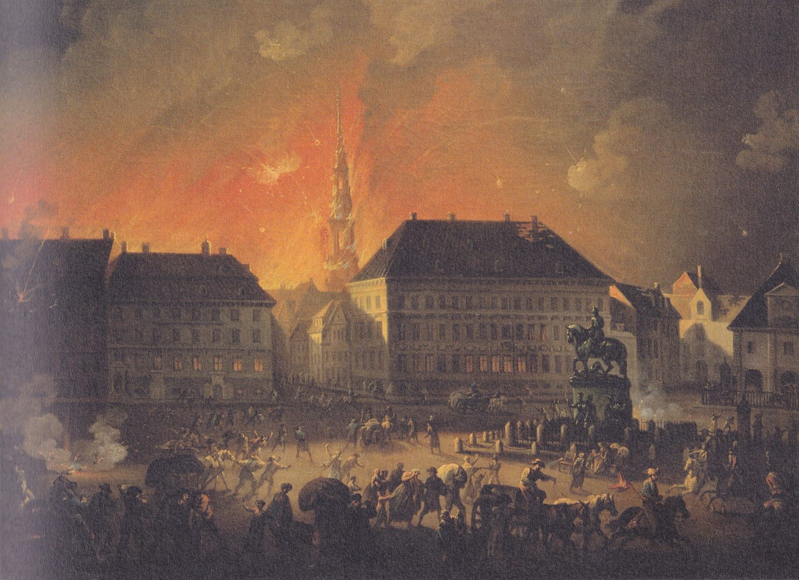 A painting of a city square at night lit by fire, a church spire burning above the rooftops and crowds below.