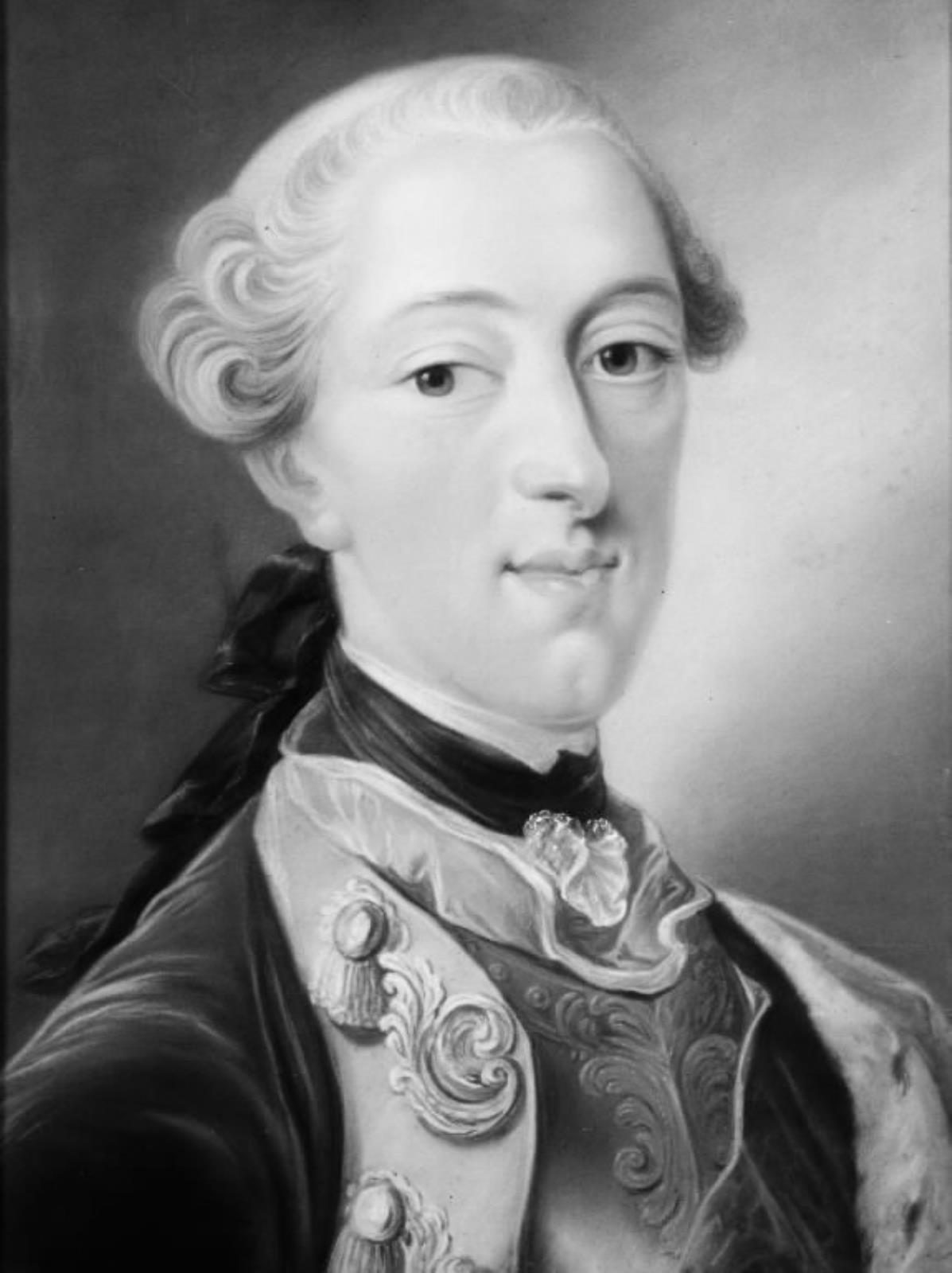 A black-and-white reproduction of a portrait of a young man with powdered hair and a patterned coat.