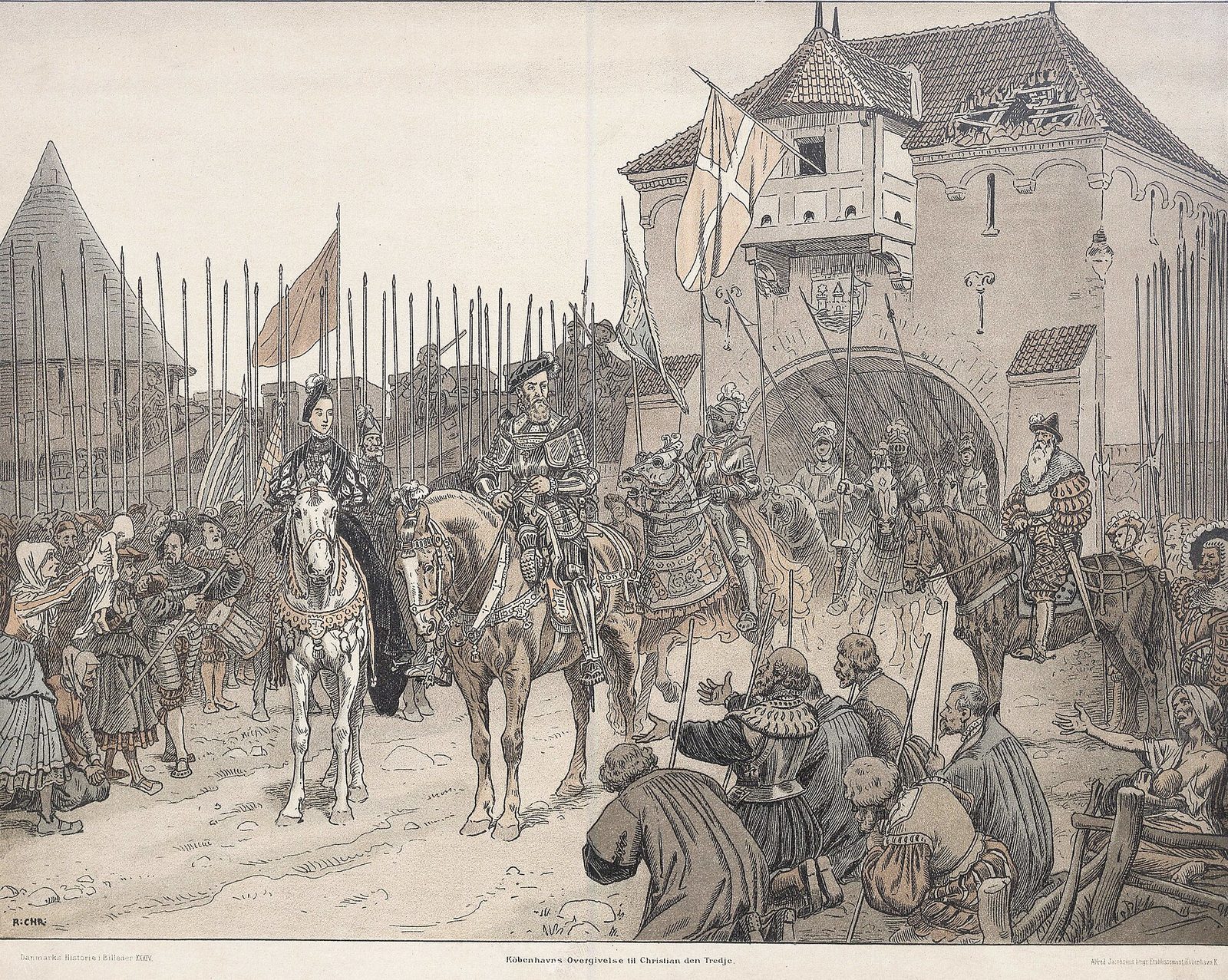 An engraving of townspeople kneeling before a king on horseback outside a city gate, soldiers with pikes behind.
