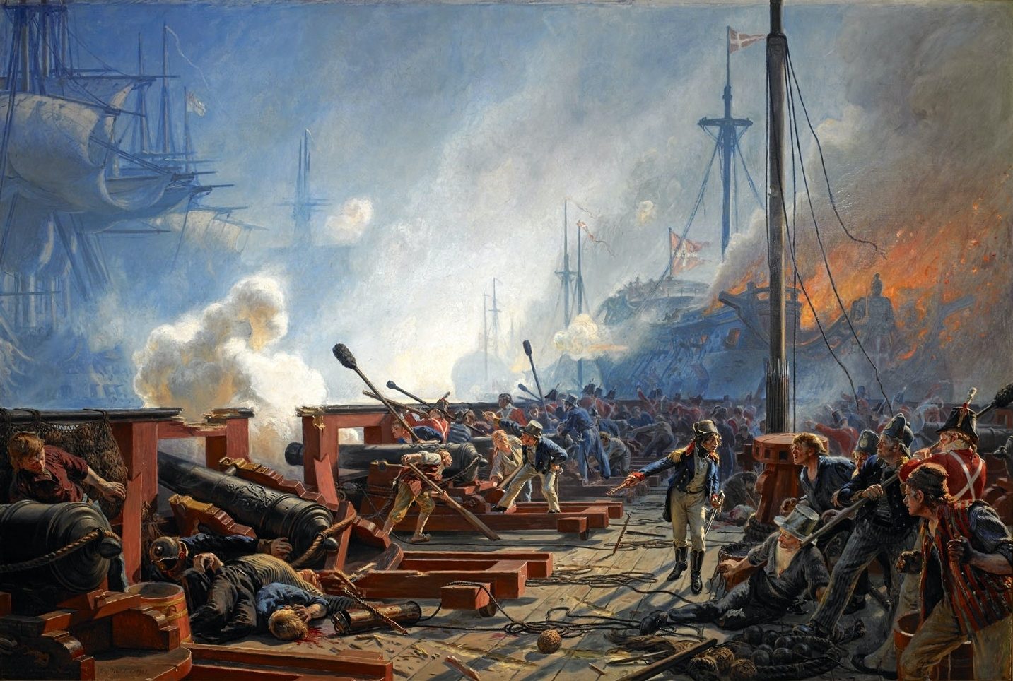 A painting of gun crews firing cannon from a floating battery, smoke and burning ships around them.