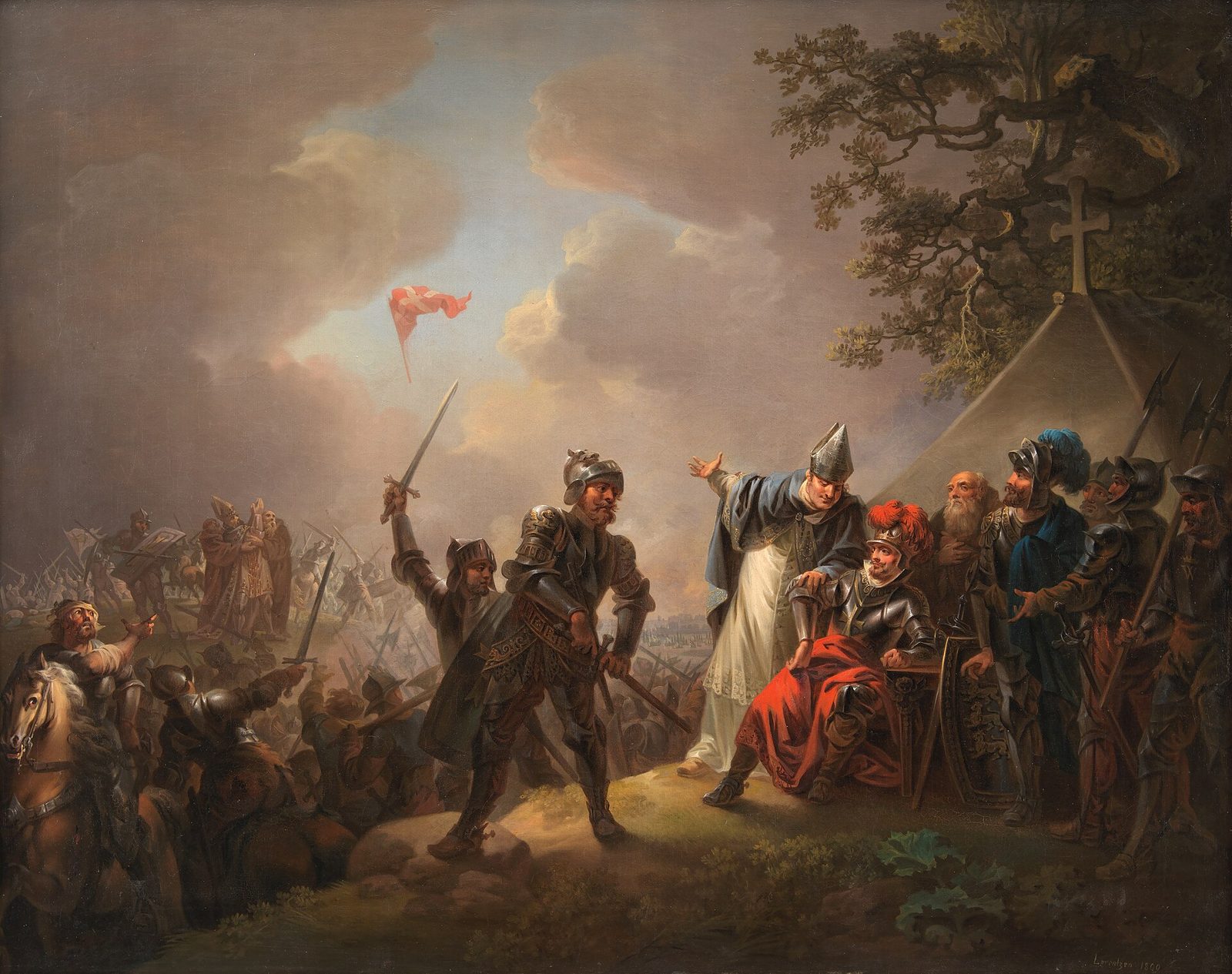 A painting of a battle at dusk: soldiers and a bishop with raised arms look up at a red banner with a white cross descending from the clouds.