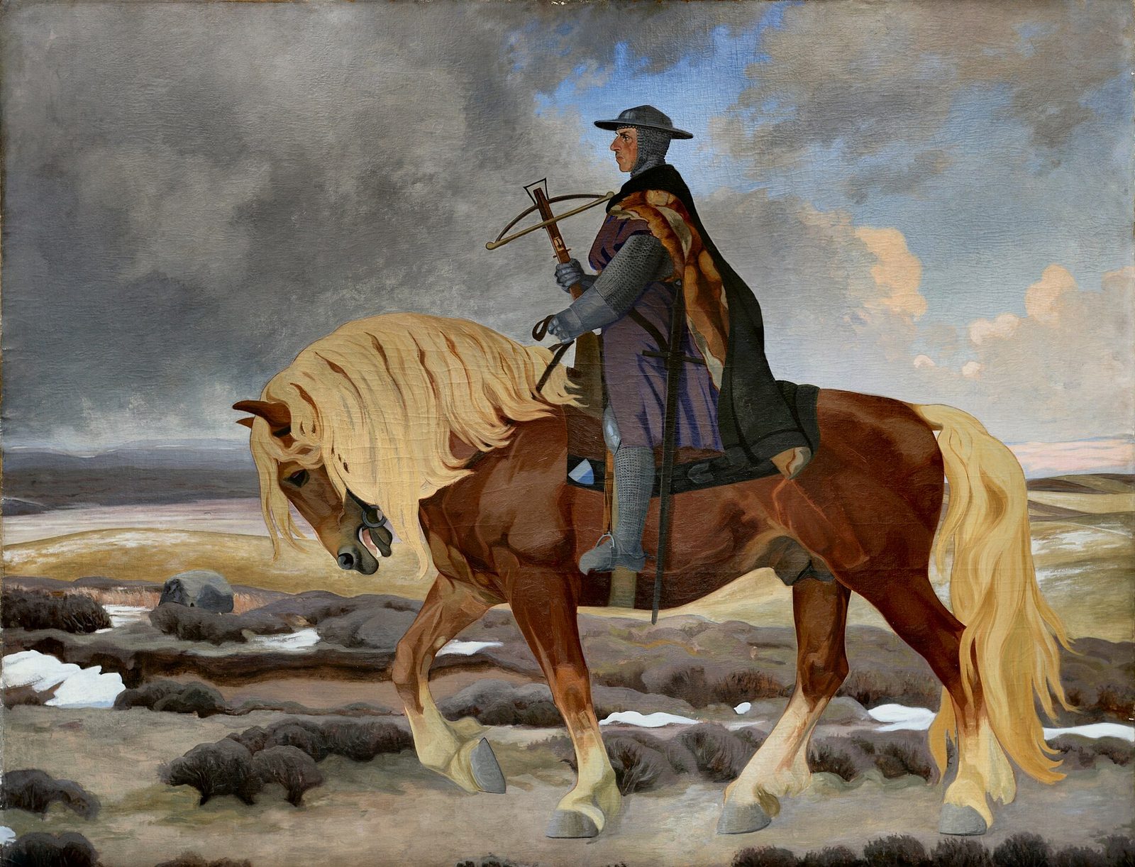 A painting of a man in a broad hat with a crossbow riding a chestnut horse across a bleak heath under a grey sky.
