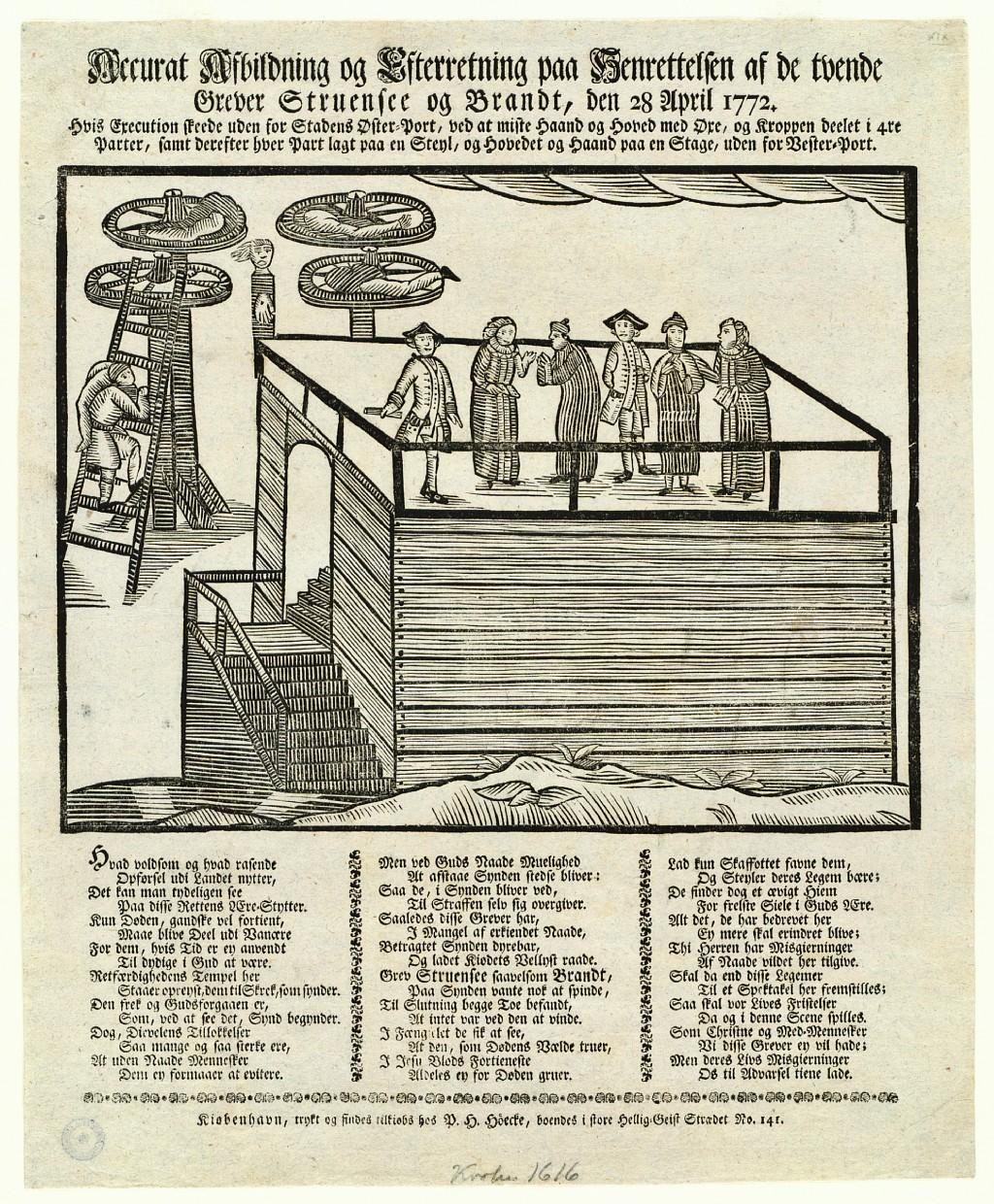 A printed broadsheet with a woodcut of a high scaffold, wheels on poles beside it, above columns of verse.