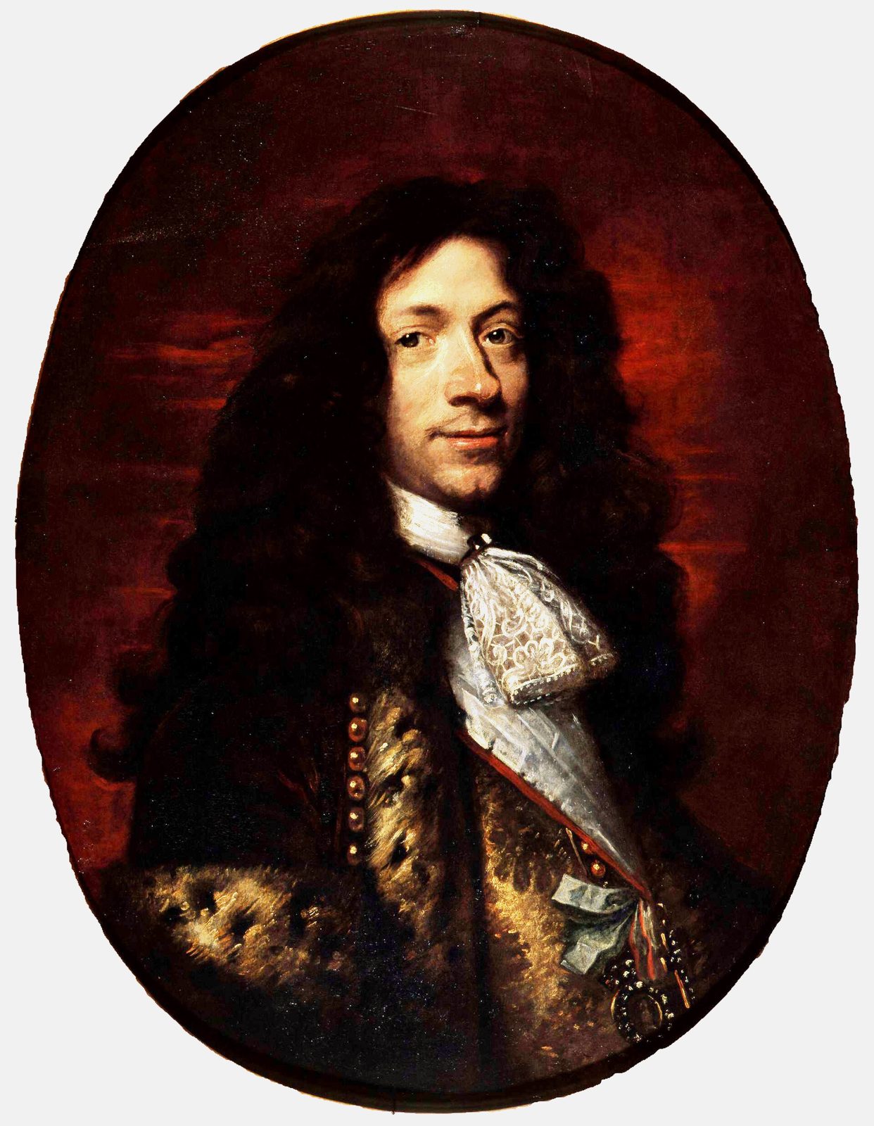 An oval portrait of a man with long dark curls and a lace cravat.