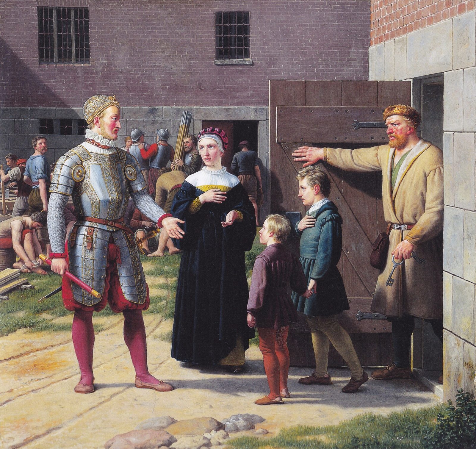A painting of a man in armour receiving a woman in black and two boys as a gaoler opens a heavy door behind them.