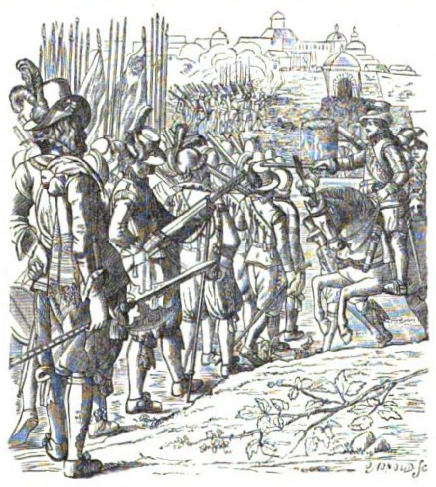 A drawing of soldiers with pikes and muskets massed before a castle gate.