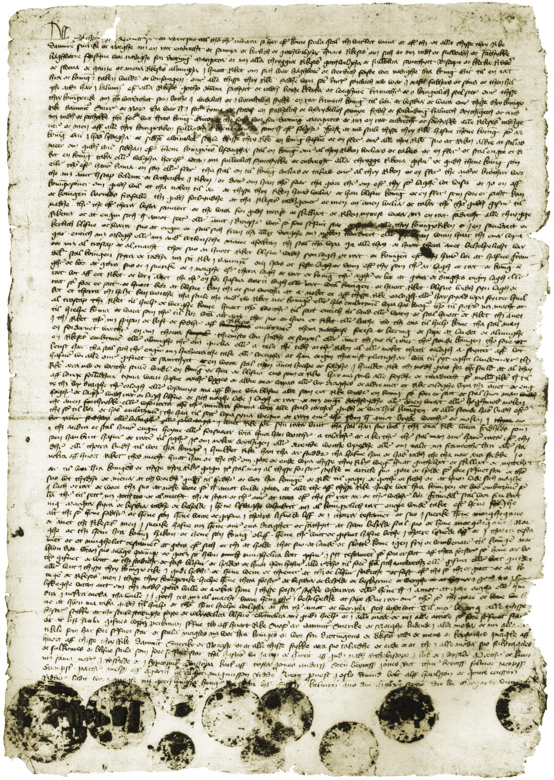 A stained parchment closely written by hand, a row of round wax seals along the foot.