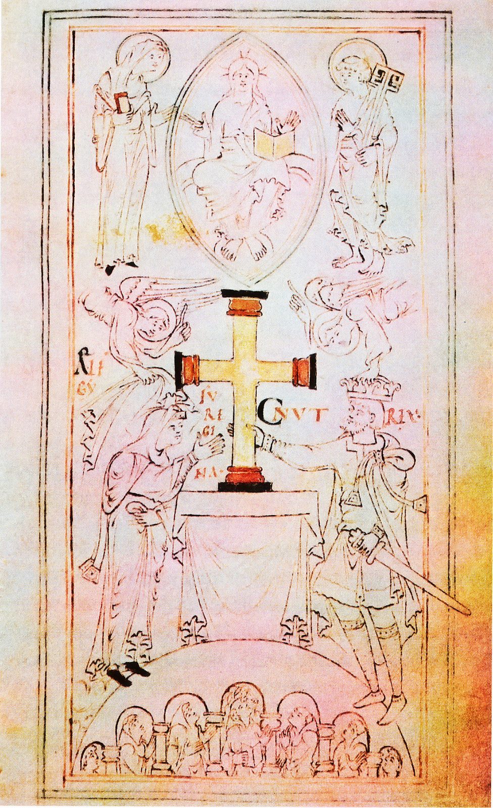 A faded manuscript drawing of a king and queen placing a large gold cross on an altar, with angels above and figures below.