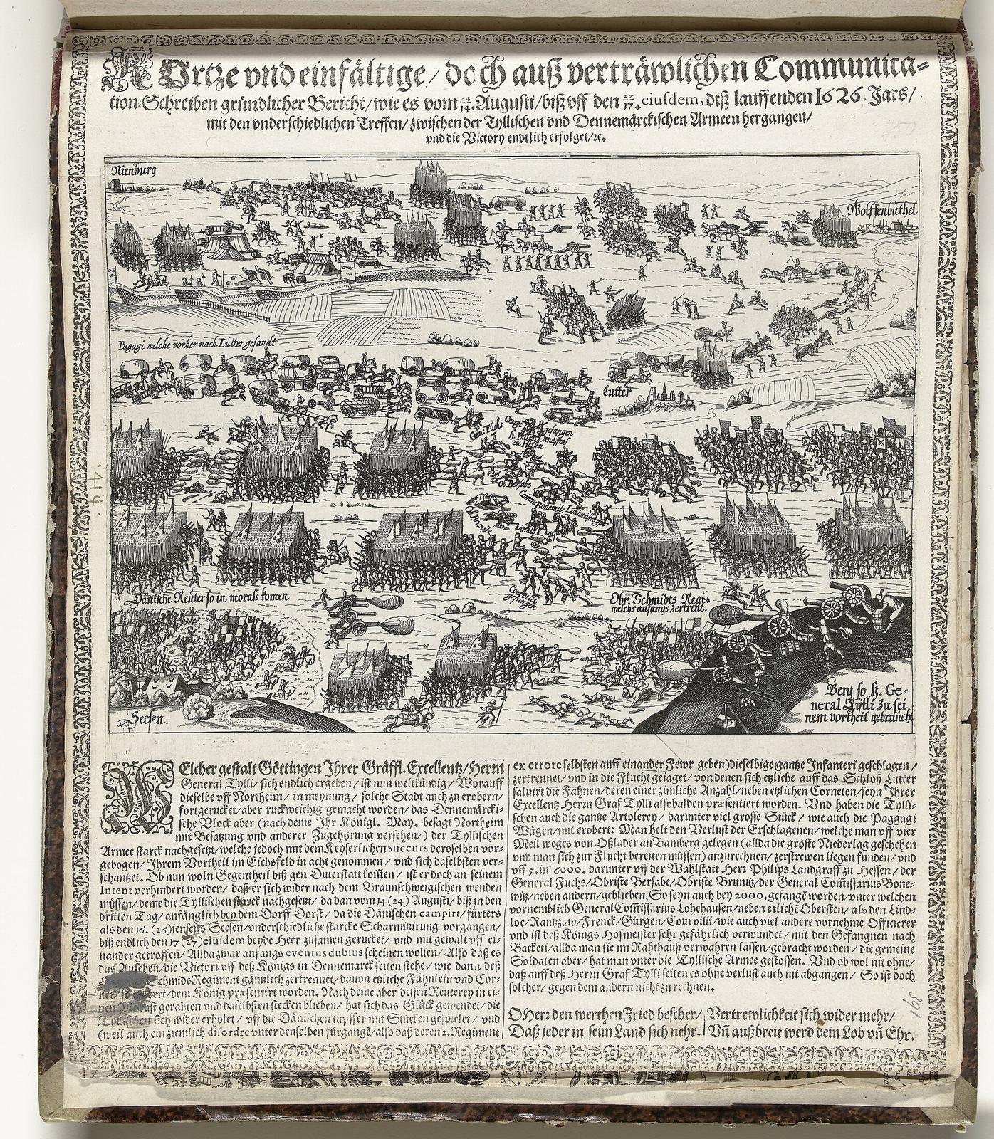 A printed broadsheet with a bird's-eye engraving of two armies in formation above columns of German text.