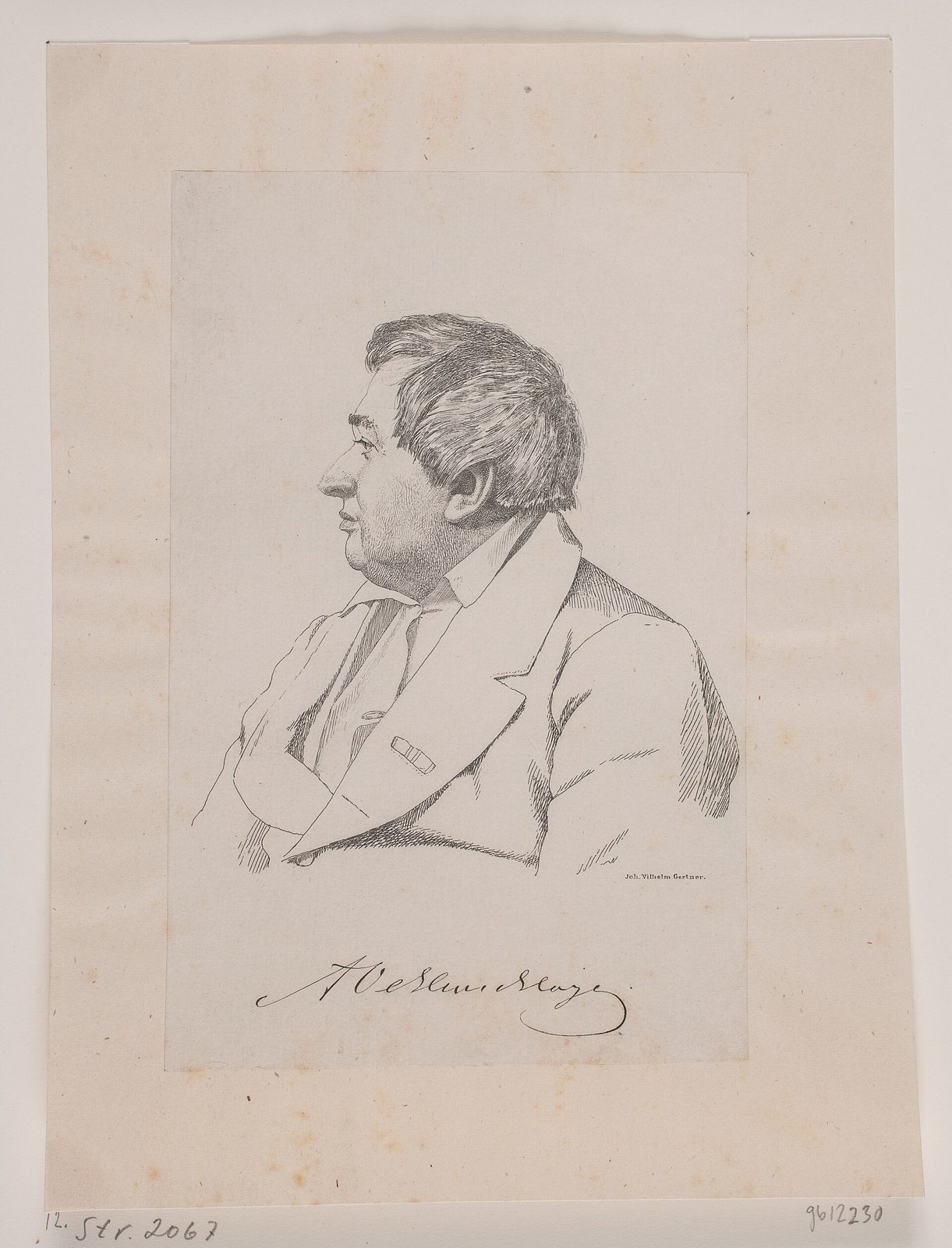 A pencil drawing of a man in profile with swept-back hair, a signature below.