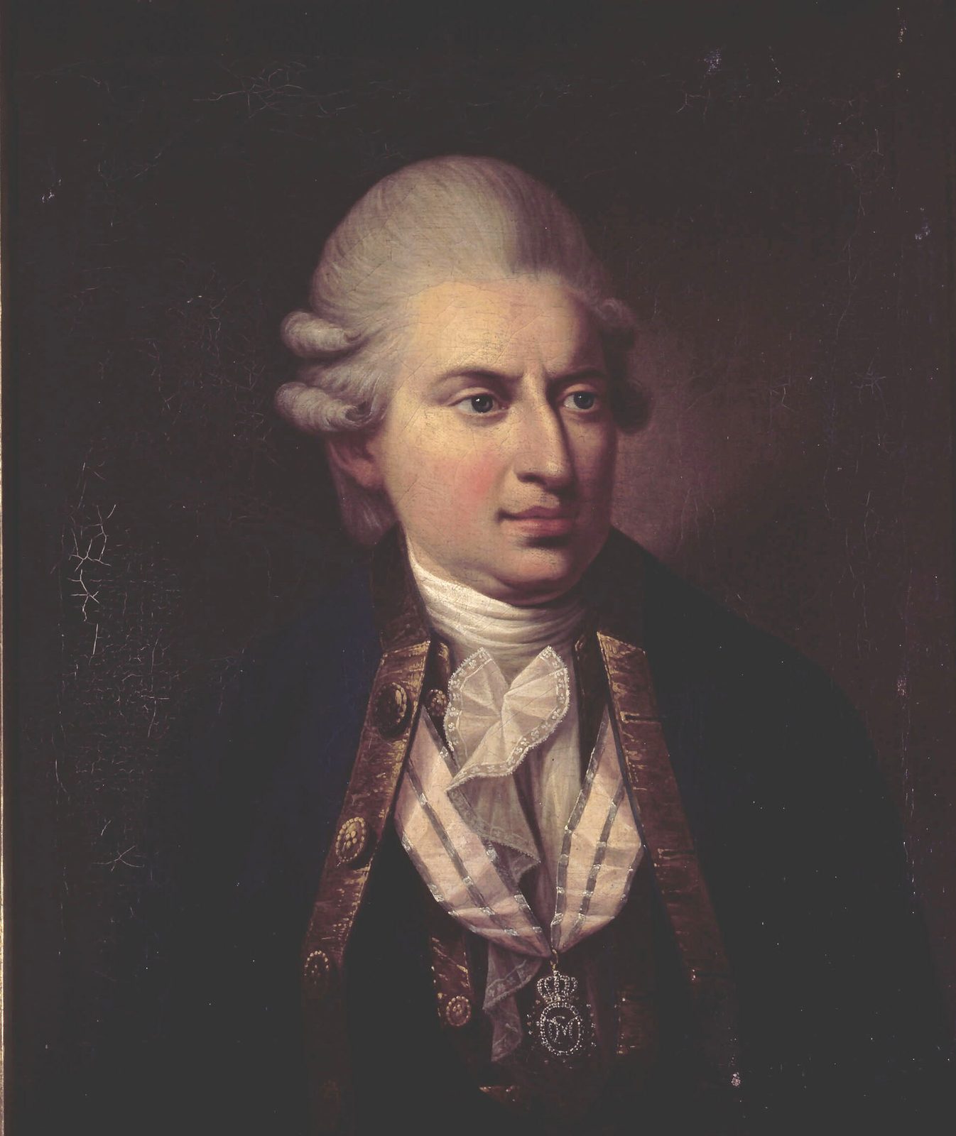 A portrait of a heavy-faced man with powdered hair in a dark coat and lace cravat.