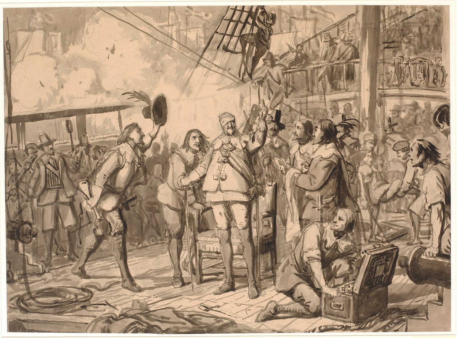 A monochrome picture of a crowded ship's deck, a wounded king with a bandaged eye standing upright among sailors and smoke.