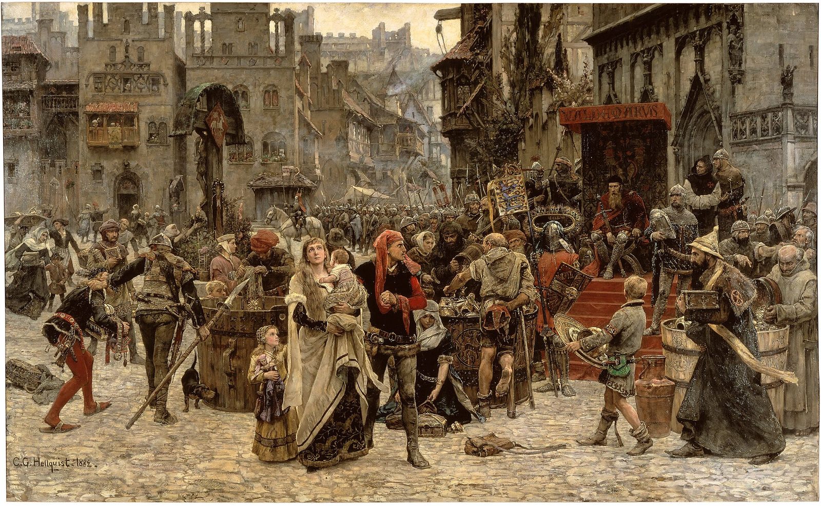 A painting of a market square crowded with armoured soldiers and townspeople, barrels set out to be filled with valuables.