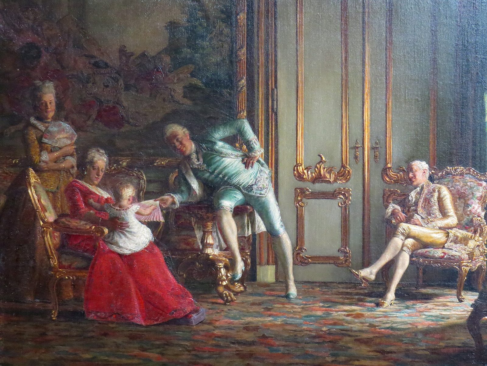A painting of a court interior: a woman in red with a small child on her lap, a man in blue leaning towards them, another man lounging apart in a chair.