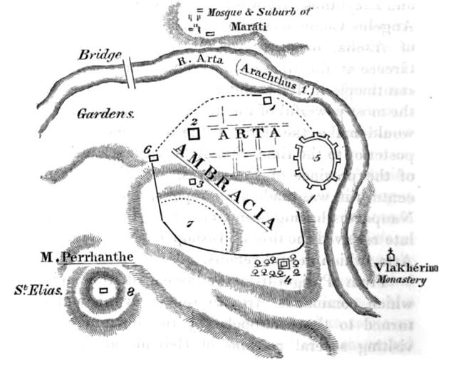 An engraved map of a town and its river, the street grid and the line of a bridge drawn in fine hatching, with place names lettered in Latin script around the edges.