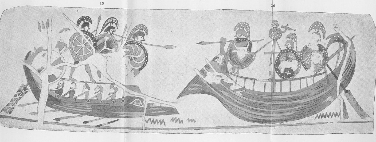 A drawing of two ancient warships facing each other, oars out, armed men on their decks.