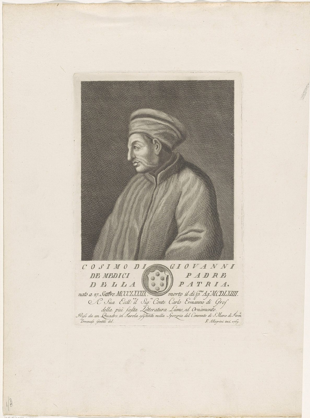 An engraved portrait on a wide sheet: a man in a soft cap and a heavy gown, turned in profile, above a lettered caption and a long dedication in italic type.