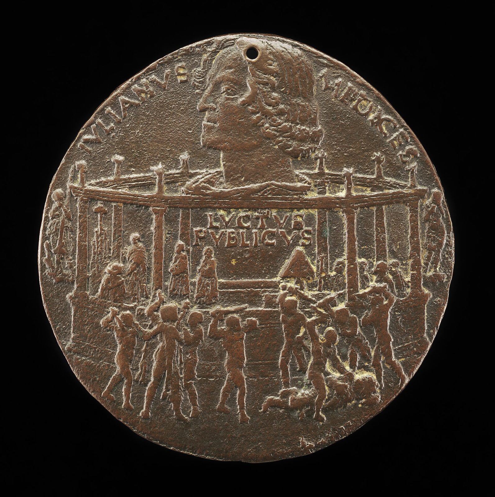 A large cast medal. Around the upper edge a bust in profile; below it, inside an arcaded choir screen, a crowd of small figures struggle around a falling man while others scatter.