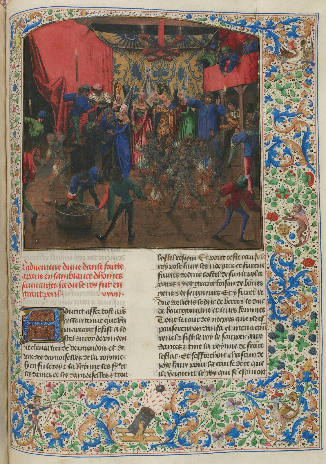 A manuscript miniature of a court ball: several figures in shaggy costumes on fire at the centre, one sheltered under a lady's wide blue skirt, with musicians in a gallery above.