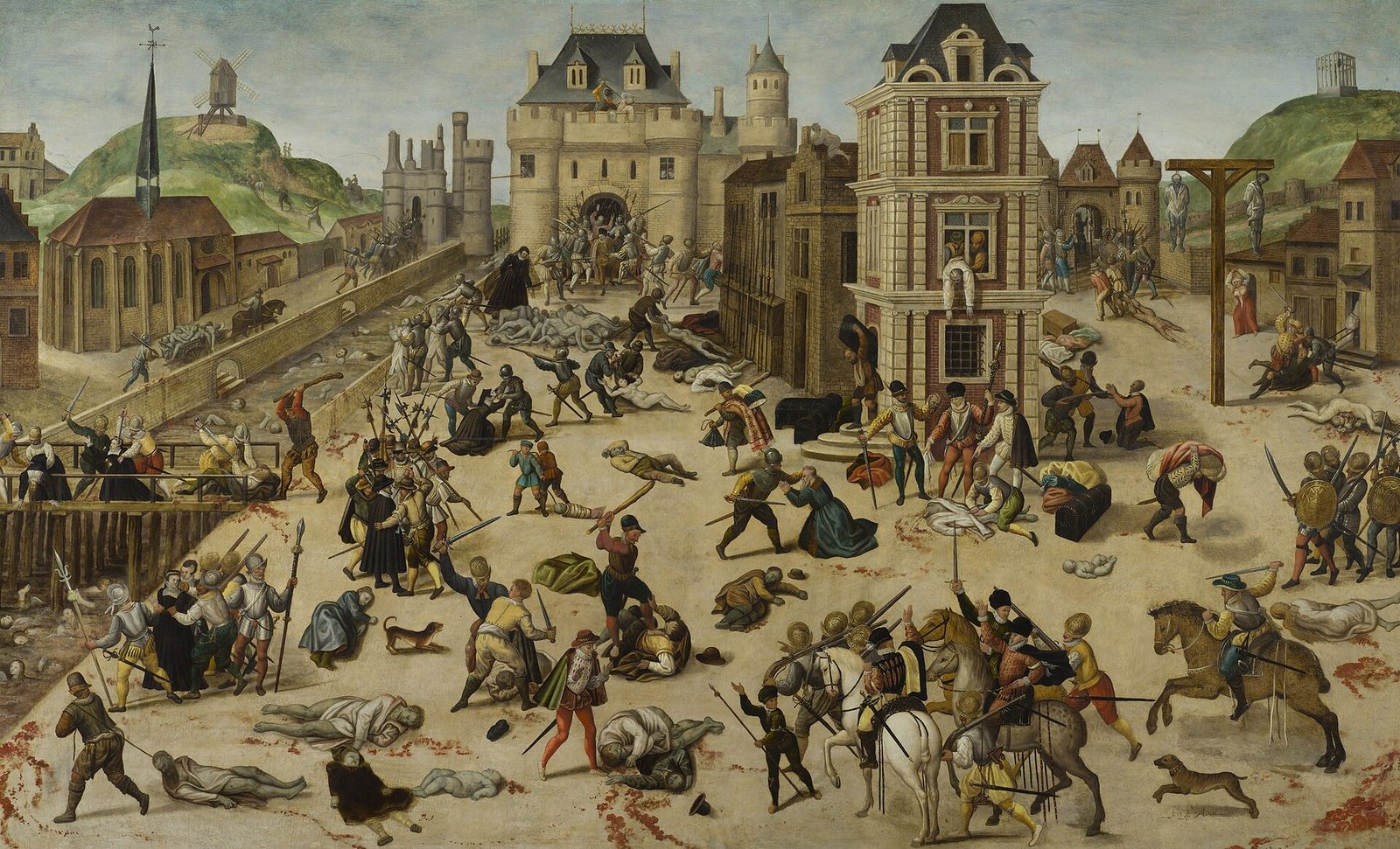 A painting of a street massacre: bodies piled in the foreground, armed men killing people in doorways and windows, and a corpse being thrown from an upper storey, with a city gate behind.
