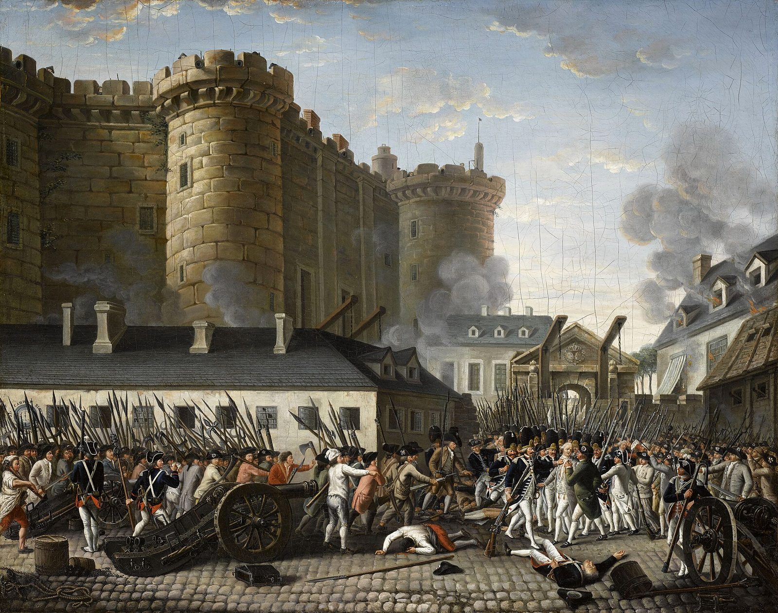 A painting of a crowd with muskets and pikes swarming towards a great stone fortress with round towers, smoke drifting across the walls and soldiers on the ramparts.