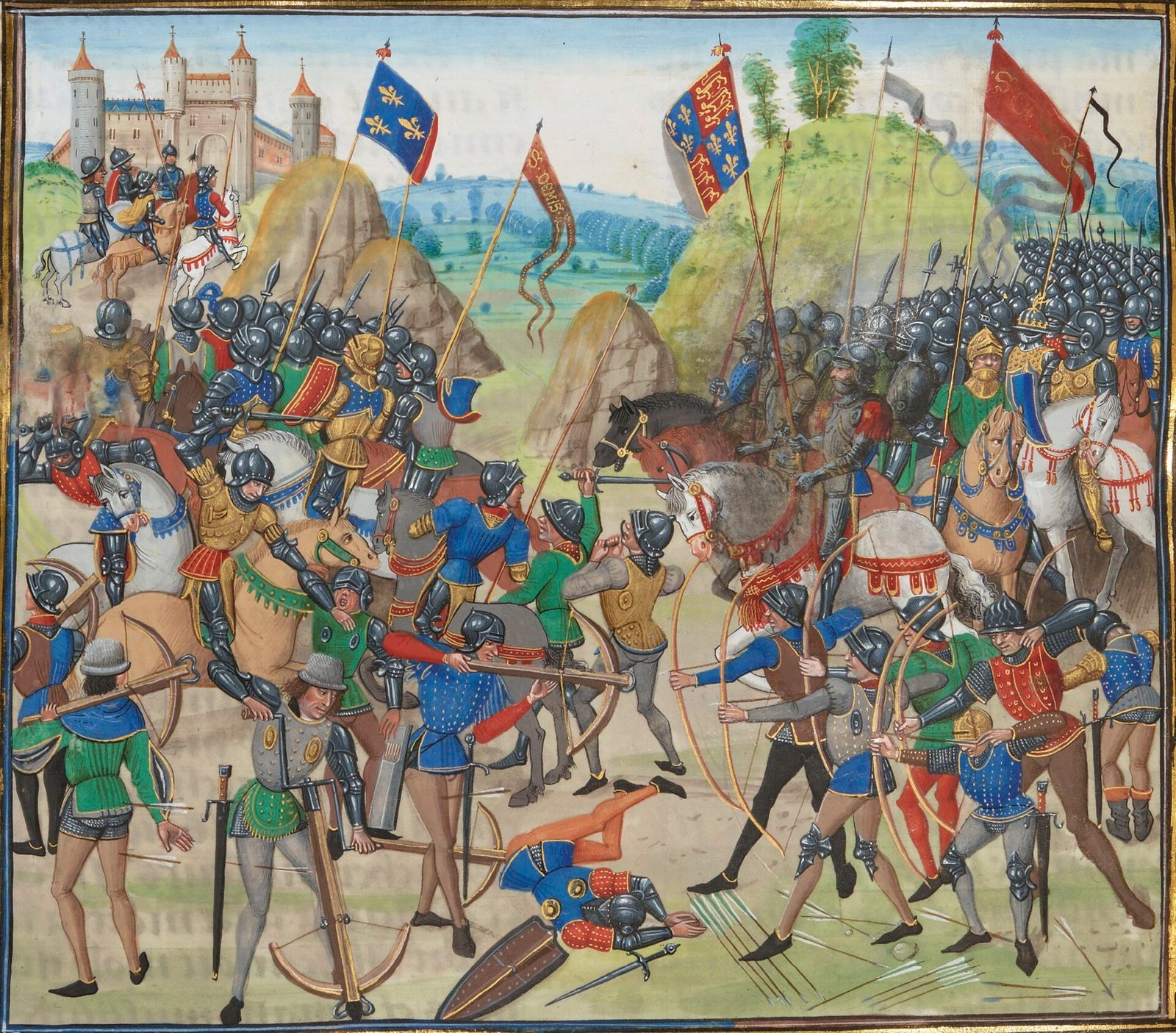 A manuscript miniature of two armies meeting, crossbowmen and longbowmen shooting at each other across the foreground while mailed knights press in behind, all against a patterned ground.