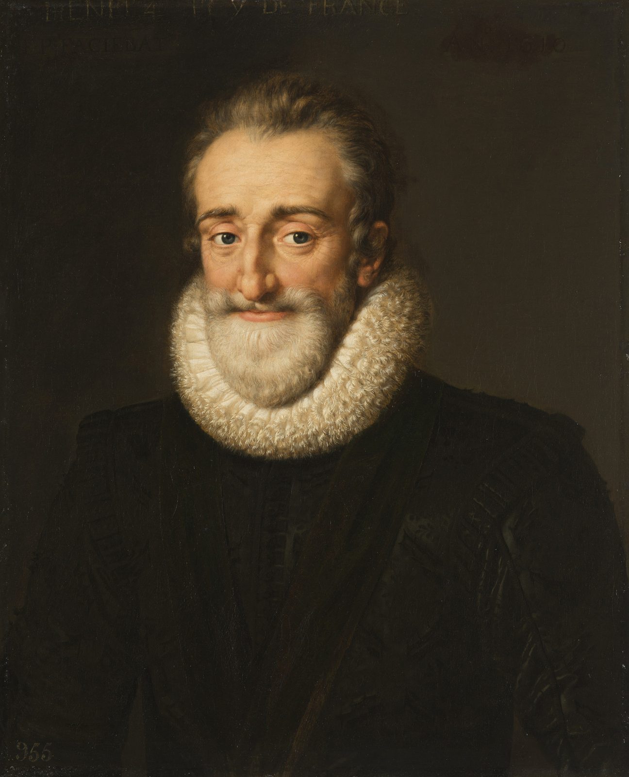 An oil portrait of a bearded man in dark armour with a white ruff and a red sash, shown half-length against a plain dark ground.