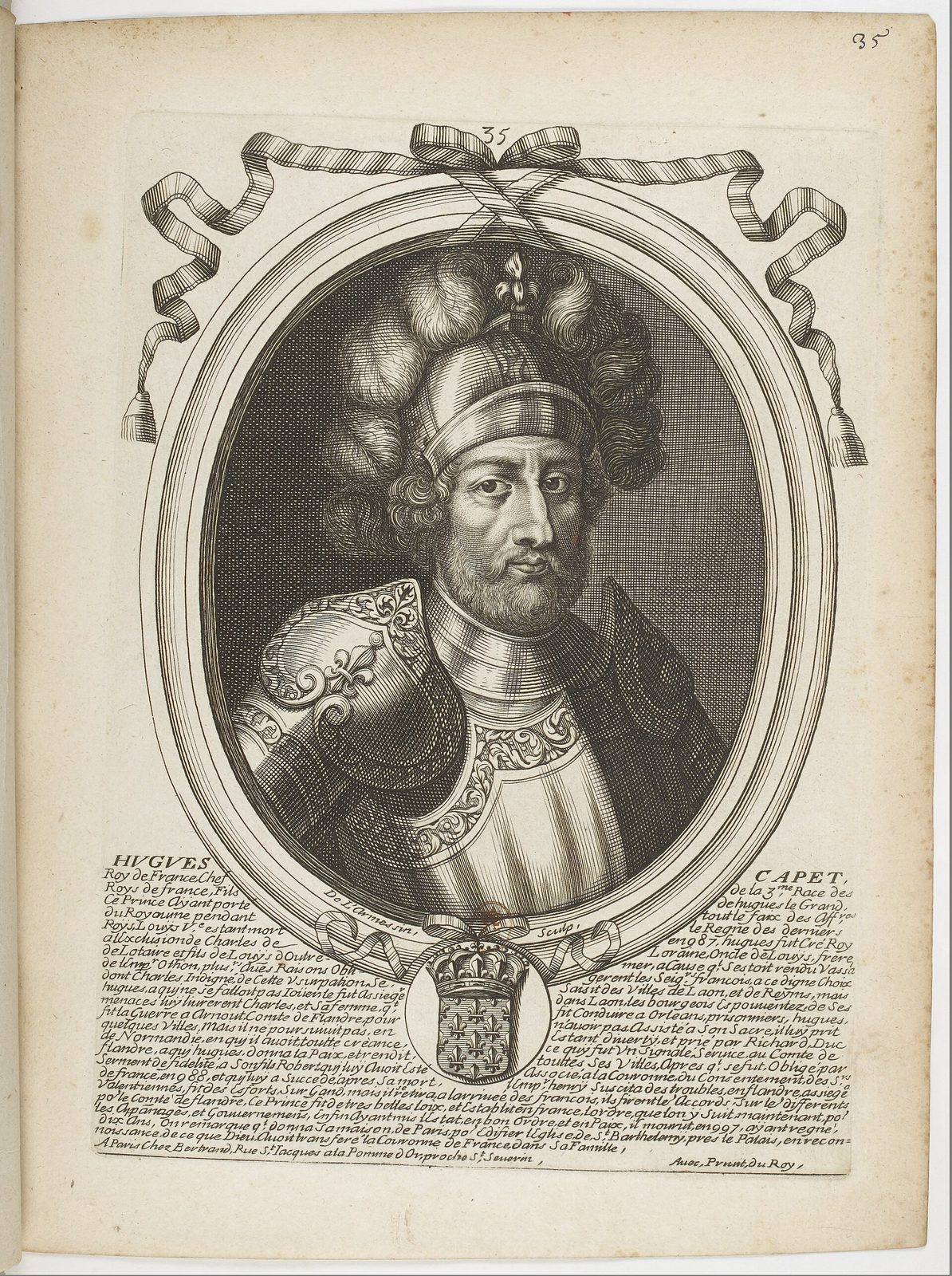 An engraved portrait in an oval frame of a bearded man in armour and a fur-lined cloak wearing a hat, with a coat of arms below and a long block of printed text beneath that.