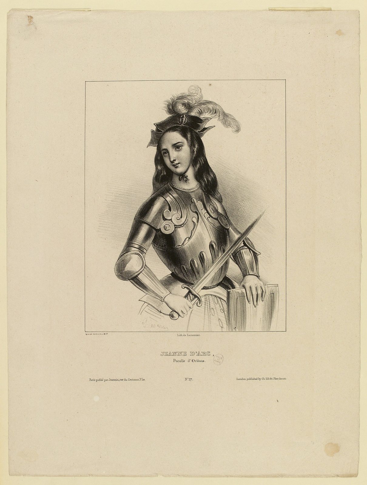 A lithograph of a young woman in plate armour with a plumed helmet, holding a sword and resting one hand on a block, with a printed caption beneath the image.