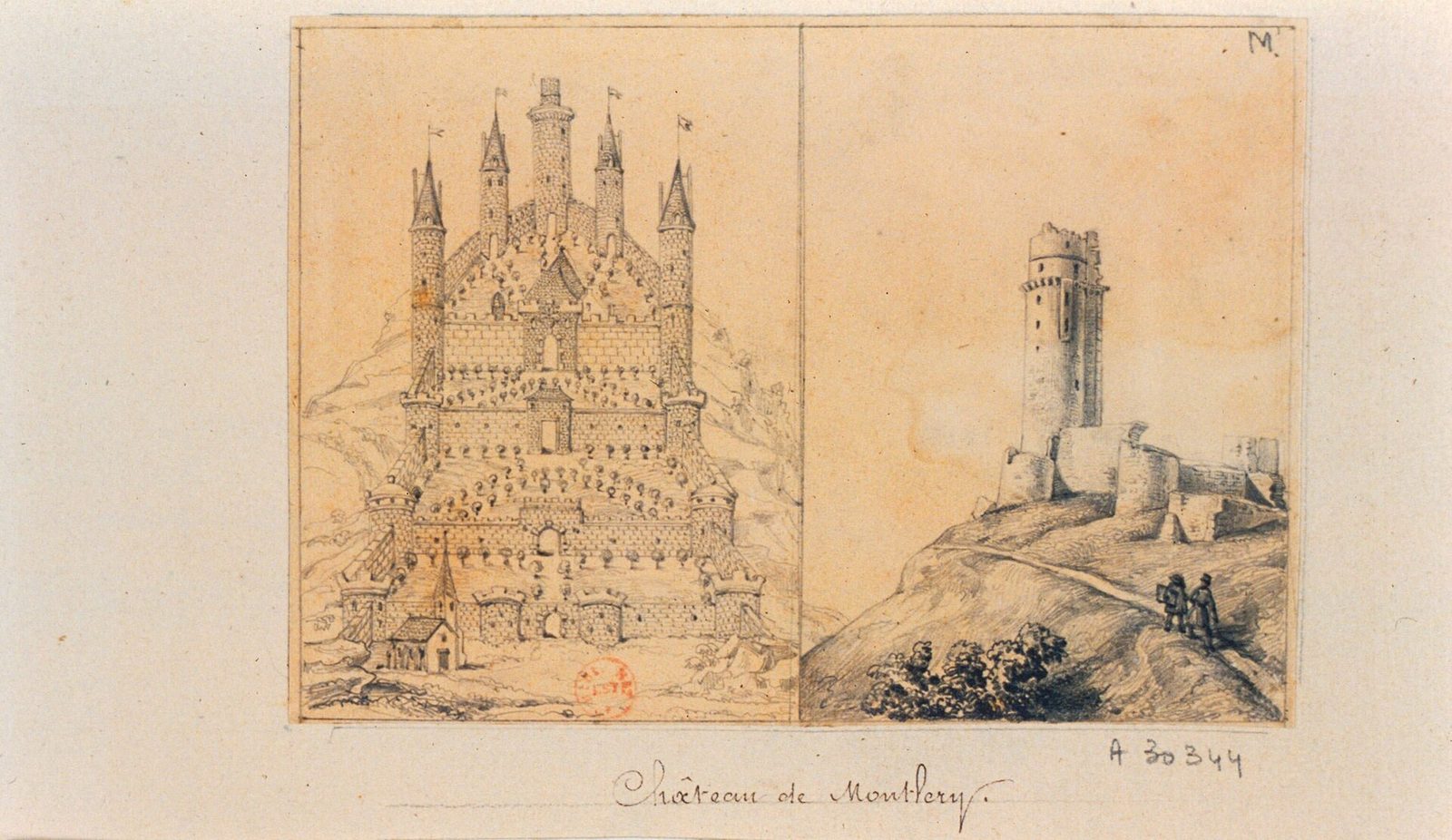 A sheet carrying two ink drawings side by side: a walled castle complex on a hill, and a single ruined round tower, with a handwritten caption below.