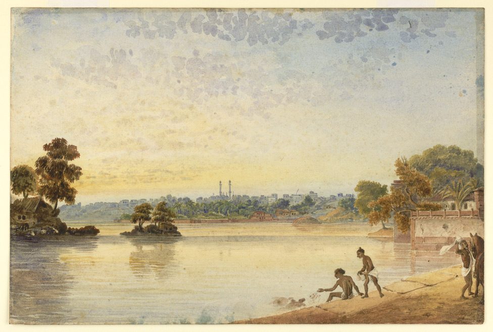 A watercolour of a calm tank with figures on the bank and a city skyline in the distance.