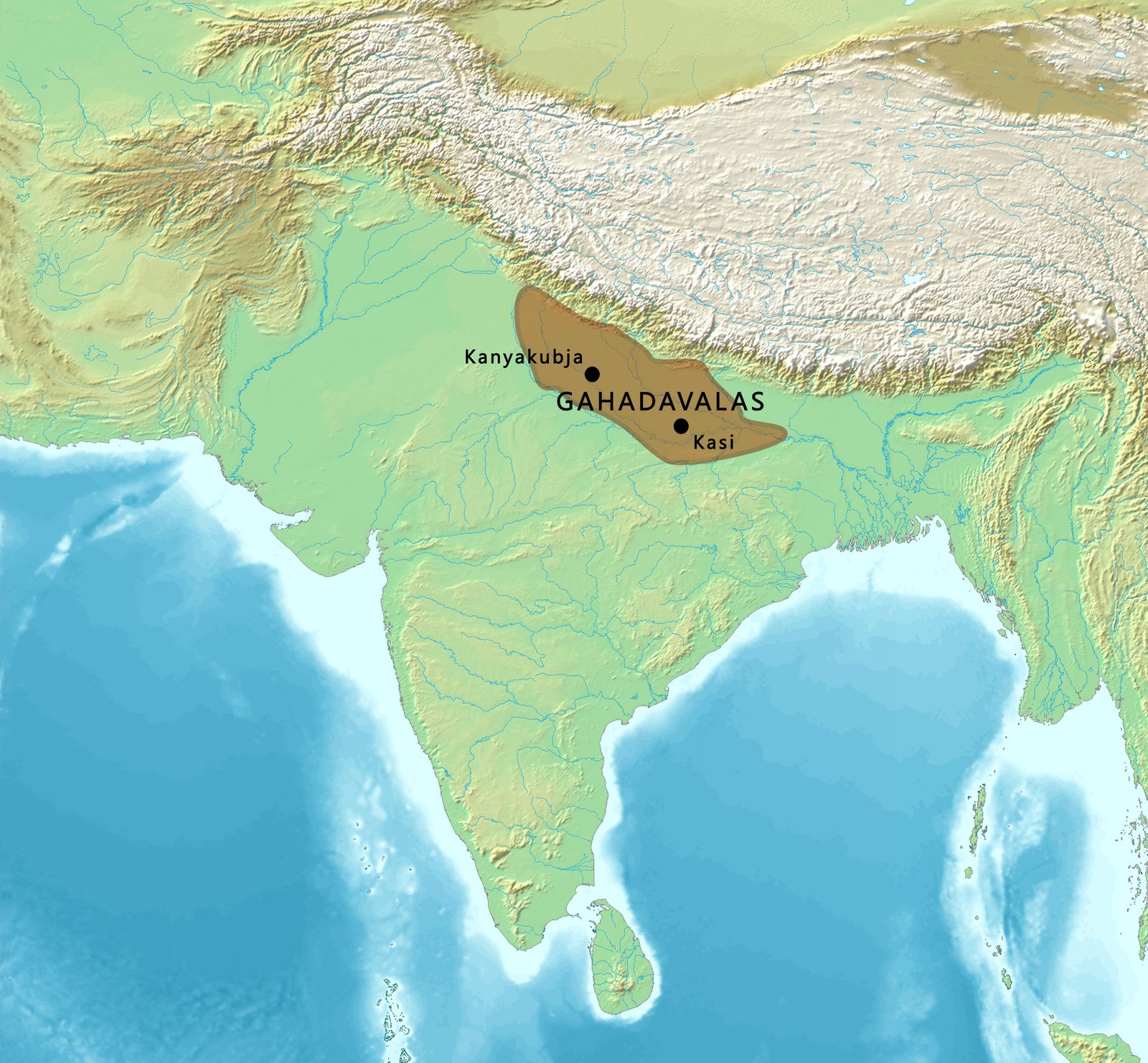 A relief map shading a narrow territory along the Ganges from Kanyakubja to Kasi.