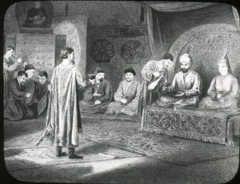 A black-and-white picture of a prince standing before a khan seated with his courtiers in a richly hung tent.