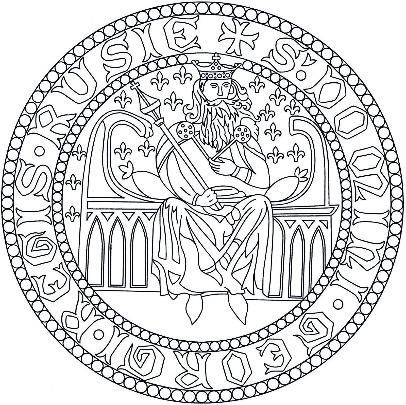 A line drawing of a round seal showing a crowned king enthroned with sceptre and orb, a Latin legend around the rim.
