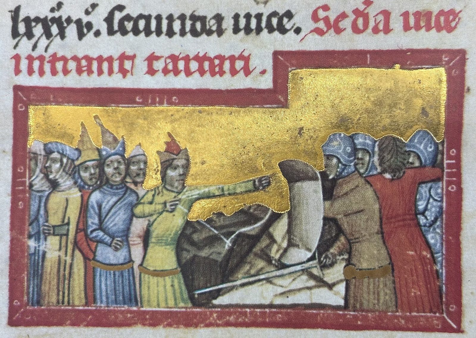 An illuminated miniature of Mongol horsemen in pointed hats confronting armoured knights on a gold ground.