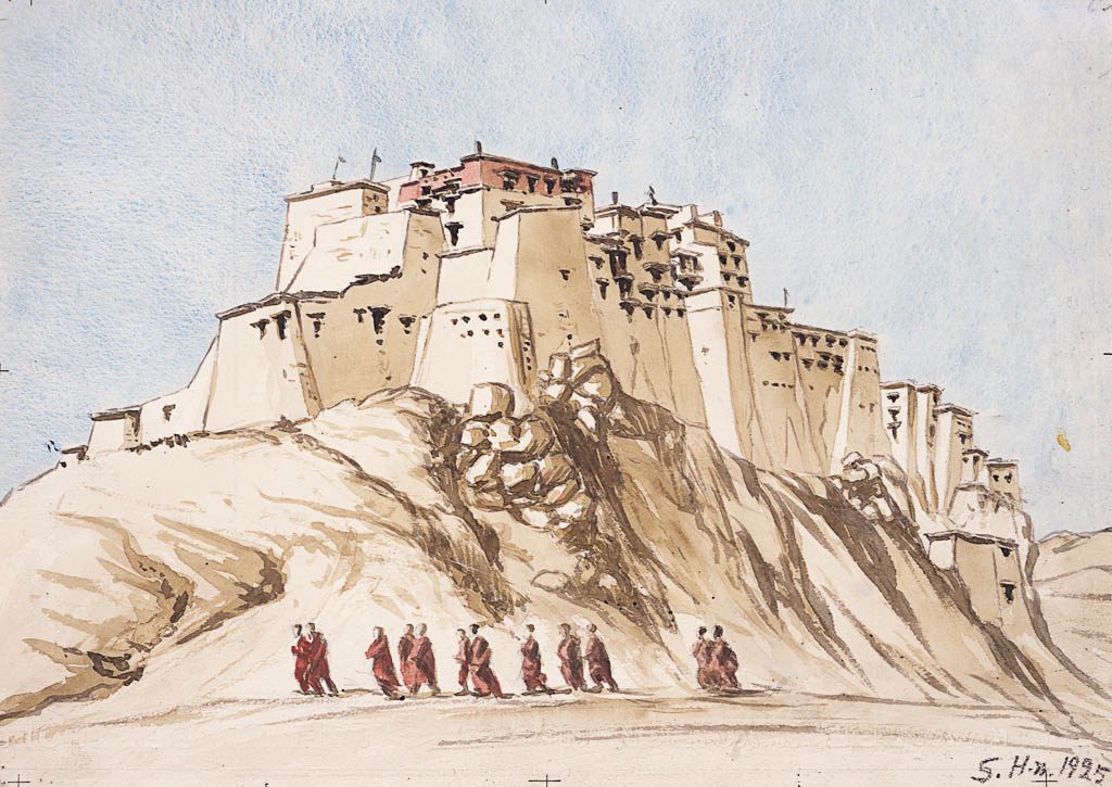 A watercolour of a fortress with tiers of buildings on a rocky hill, a line of robed figures walking below.