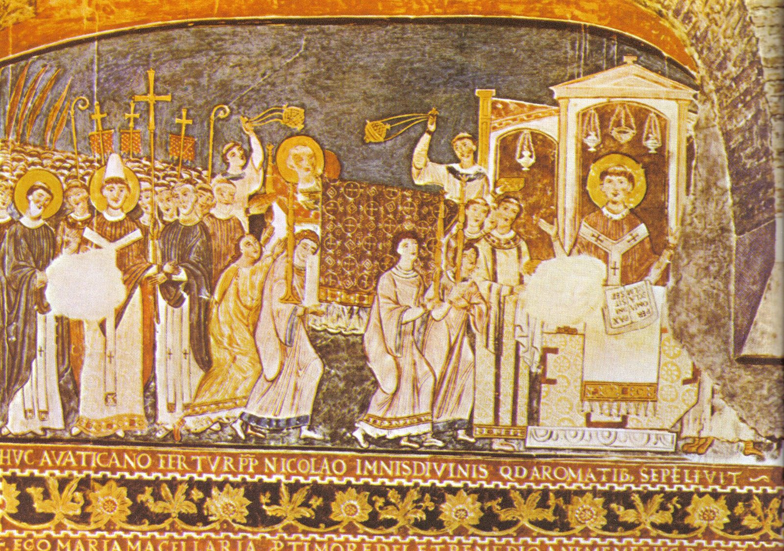 A fresco of a crowd of clergy and laymen carrying a reliquary in procession towards a seated pope.