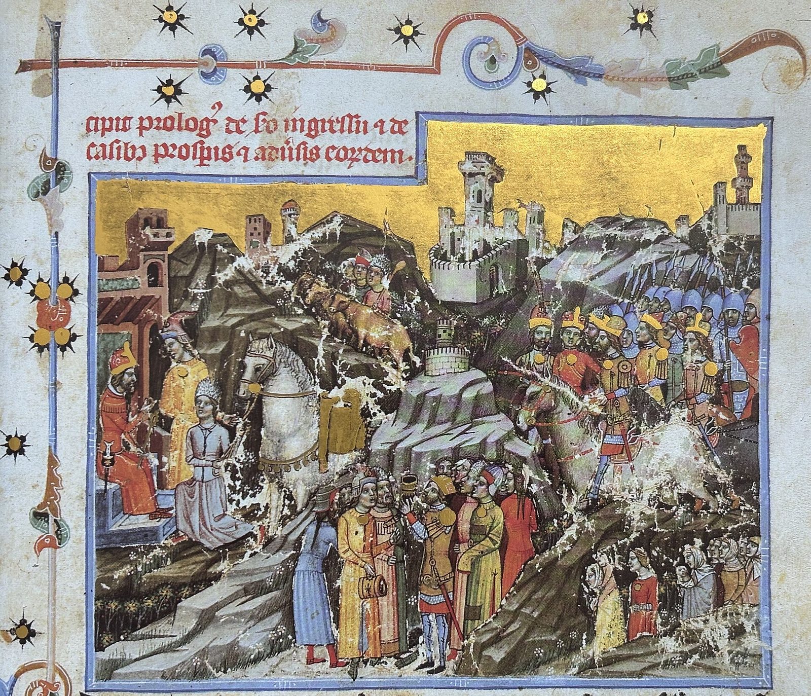 An illuminated miniature of mounted Magyar warriors riding through mountains towards a walled town, with crowds on foot.