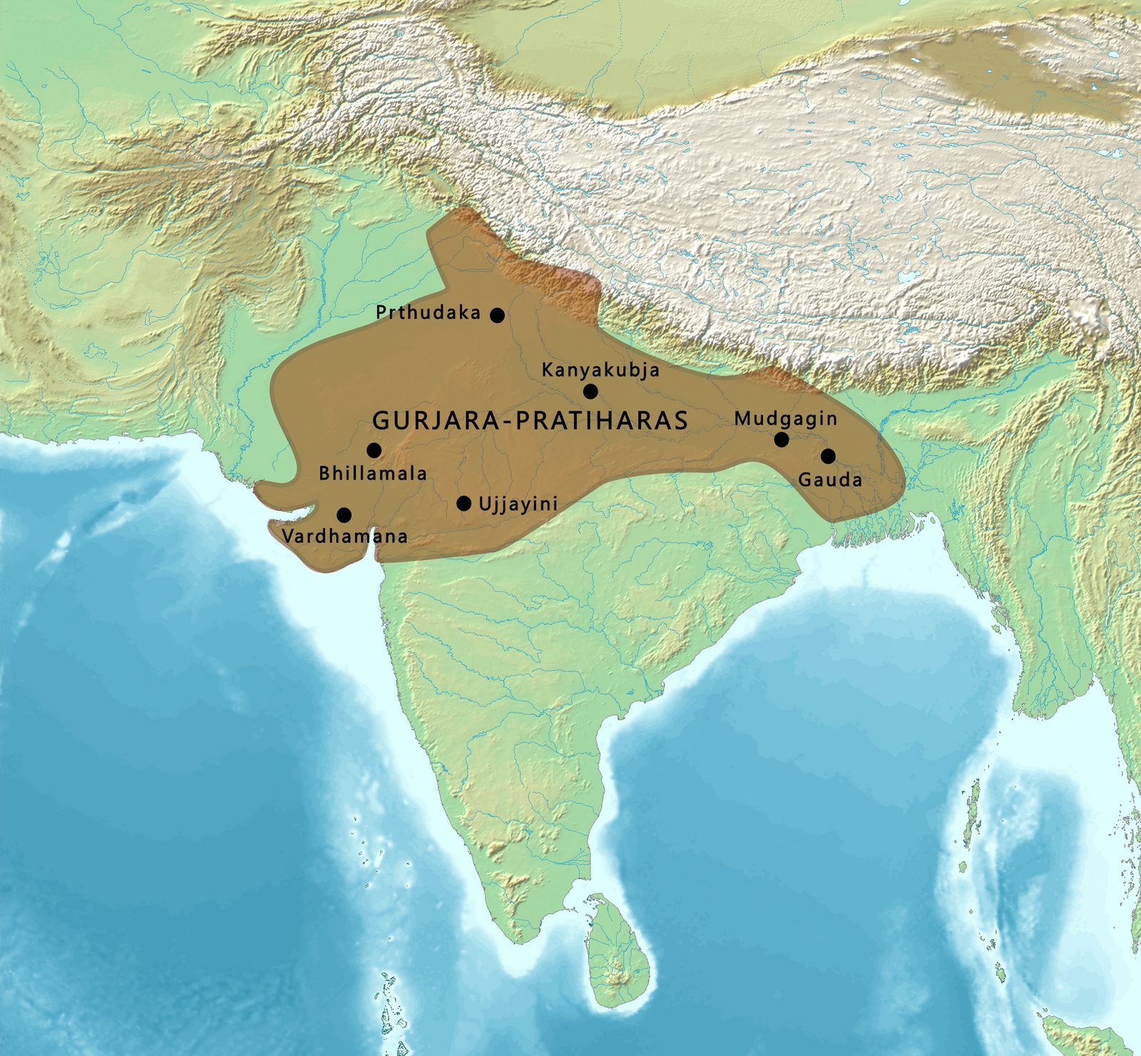A relief map shading a territory from Bhillamala across to the Ganges plain, with Kanyakubja marked.