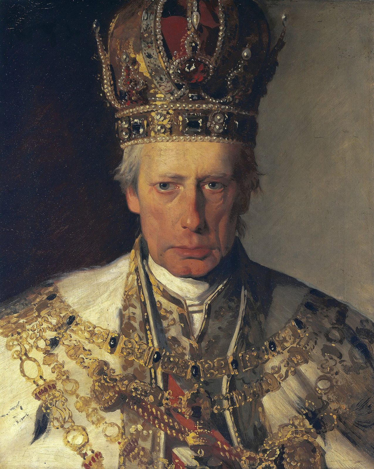 A painted portrait of an elderly emperor in a crown and an ermine mantle.