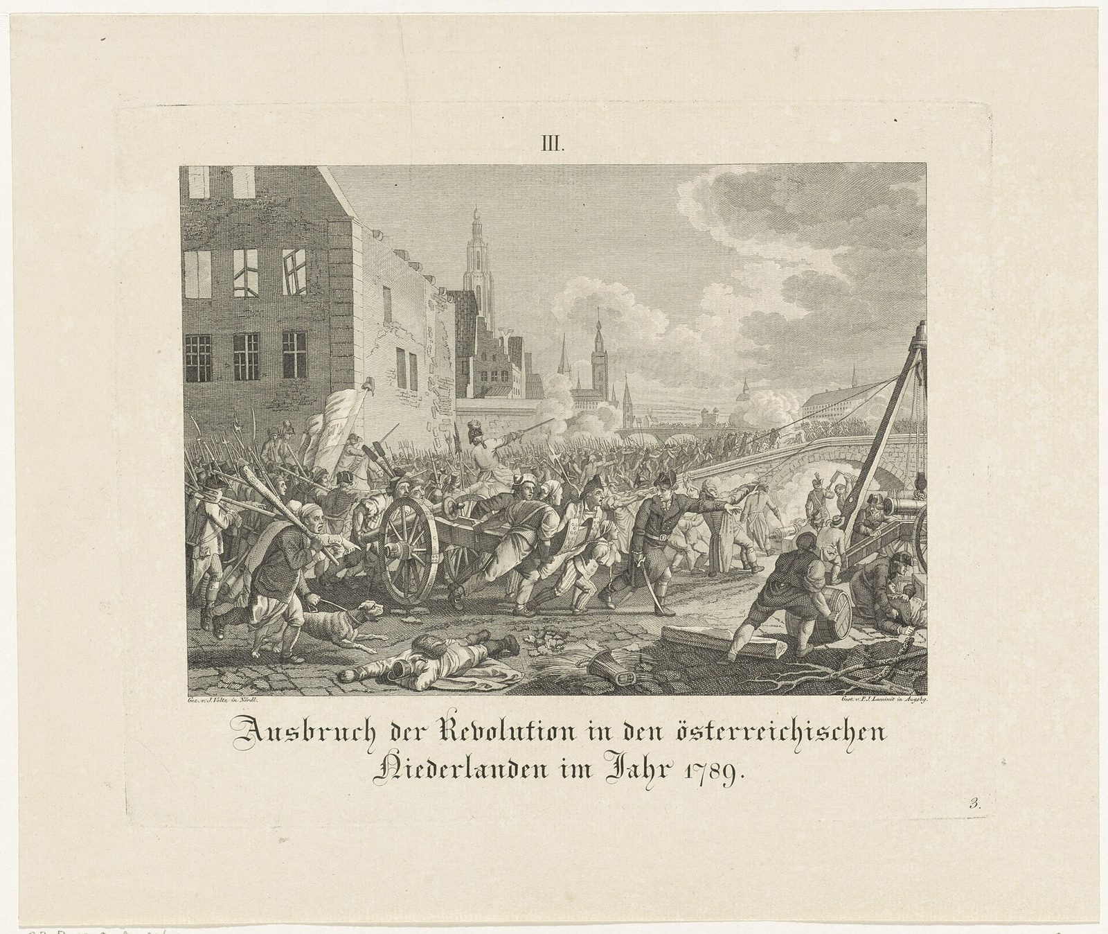An engraving of crowds and soldiers fighting in a town square.