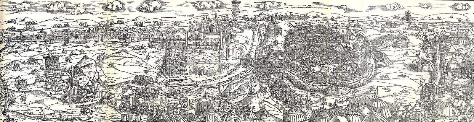 A long woodcut panorama of a hilltop city on a river besieged by tents and troops.