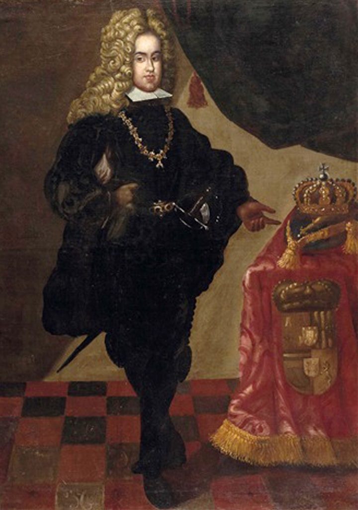 A painted portrait of a young man in black Spanish dress beside a table bearing crowns.