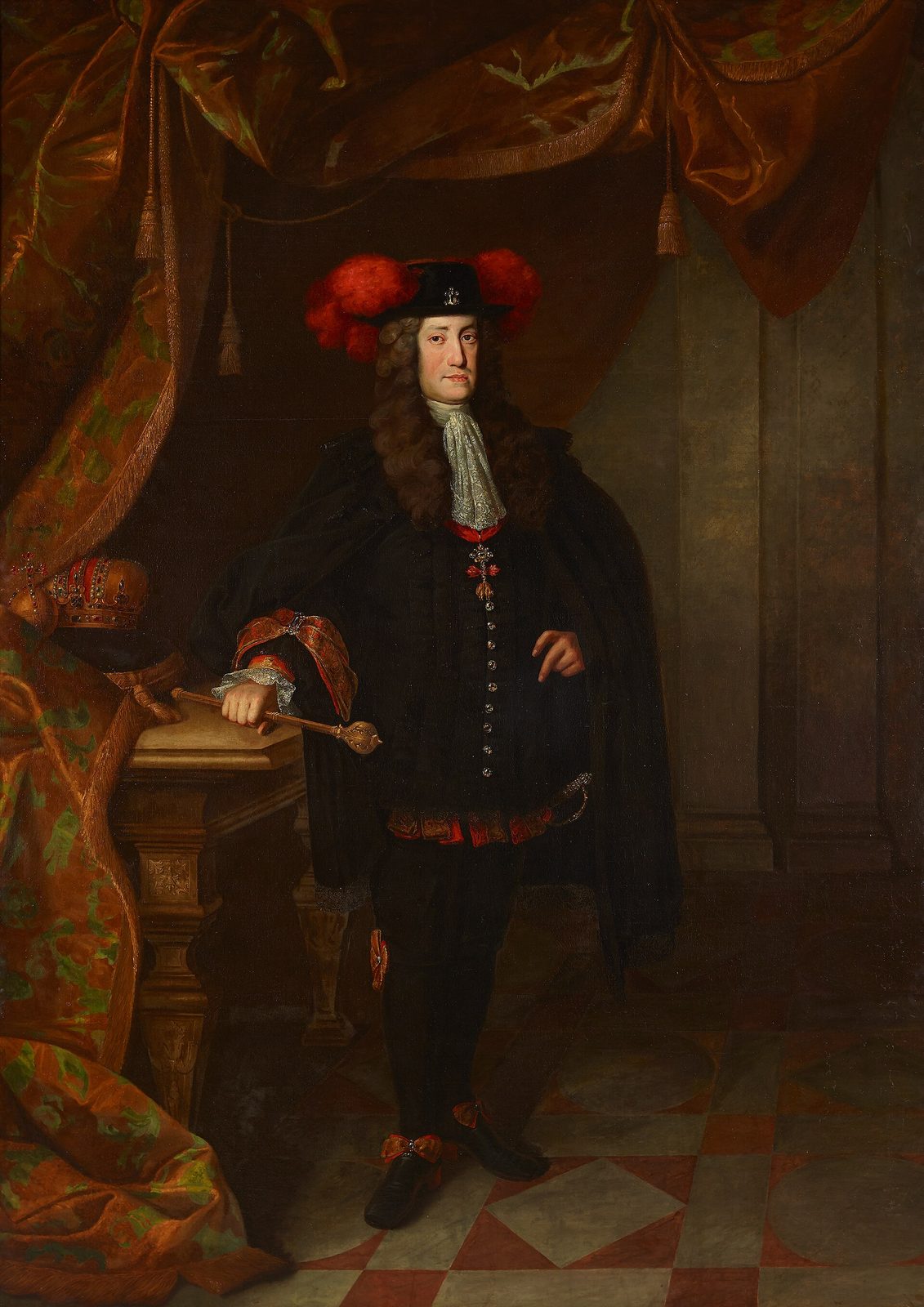 A full-length painted portrait of a man in black Spanish dress beside a throne and crown.