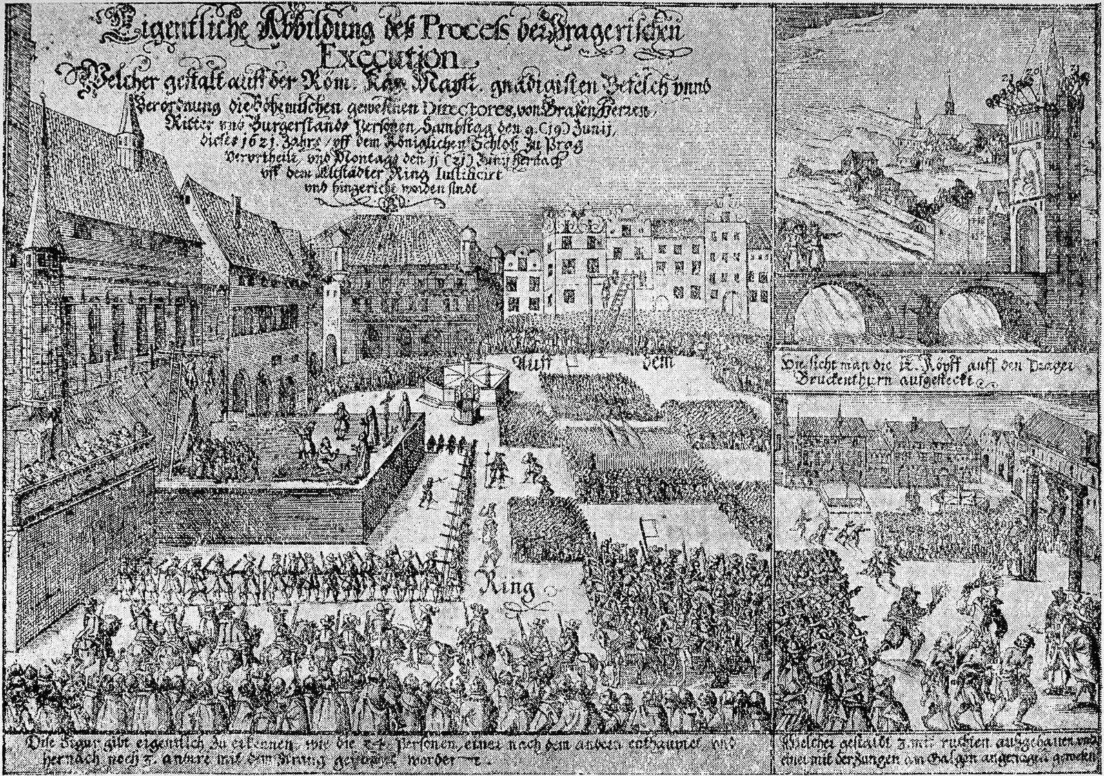 An engraving of executions on a scaffold in a crowded square before gabled houses, with a key of numbers.