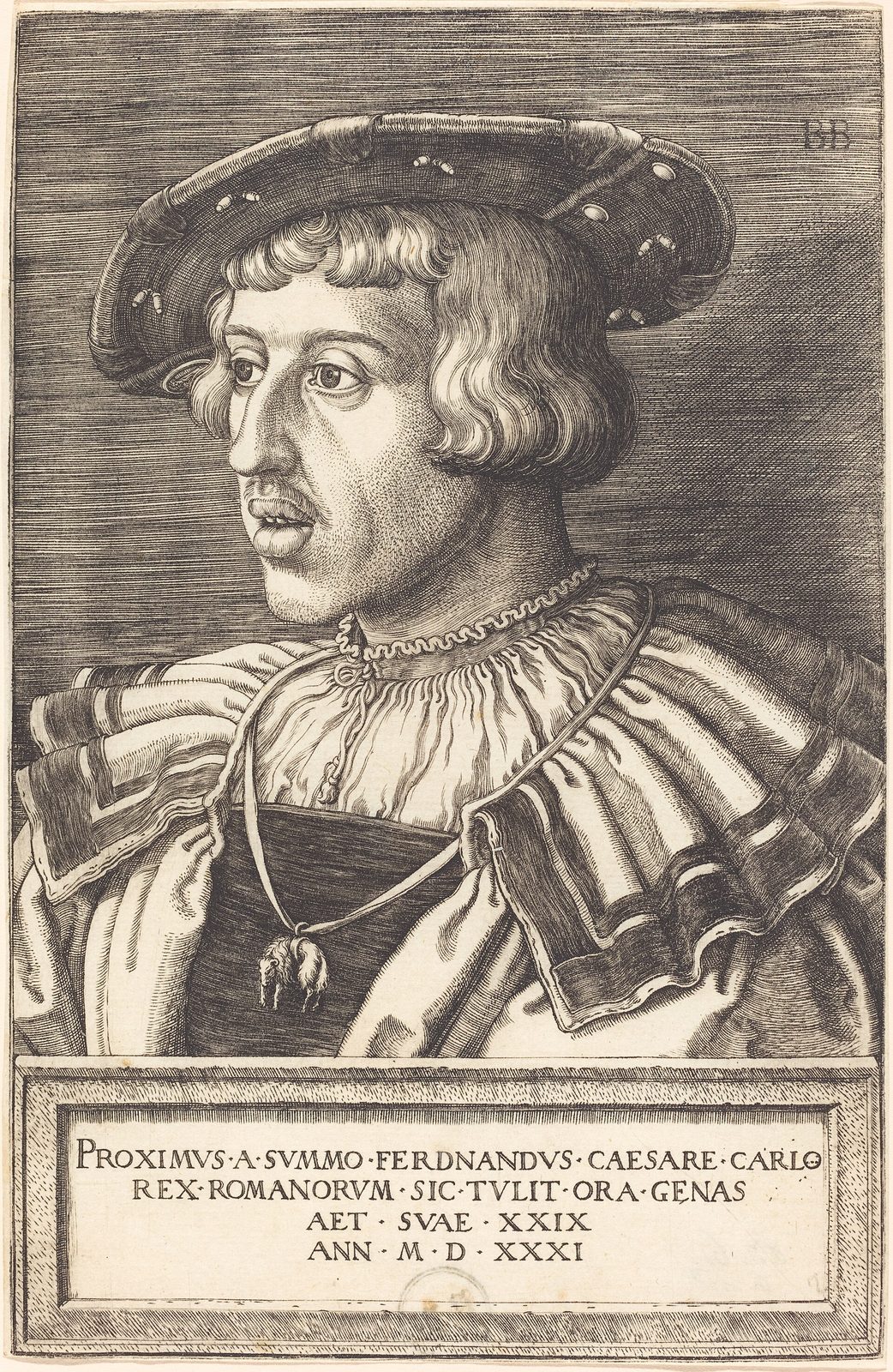 A painted portrait of a young man with a long chin in a black hat and fur collar.