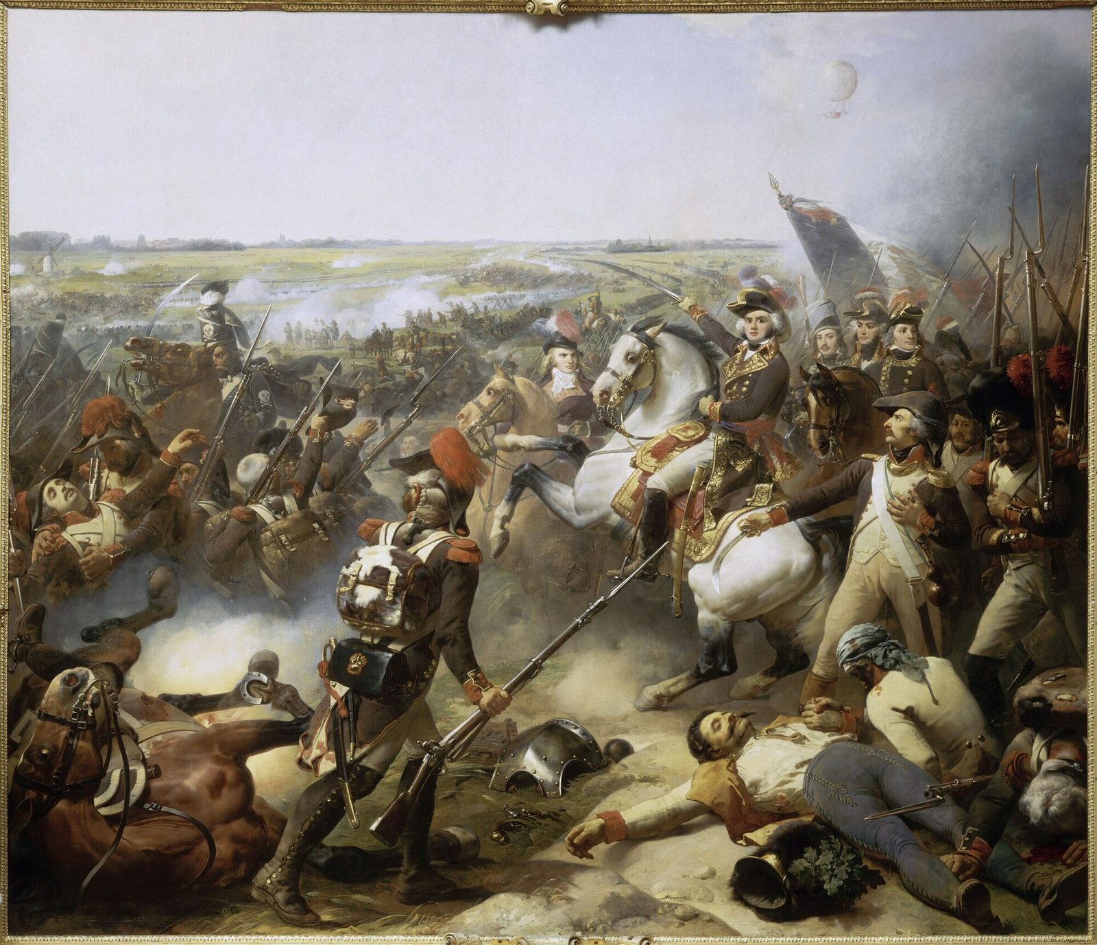 A battle painting of French cavalry and infantry charging through smoke with a balloon in the sky.